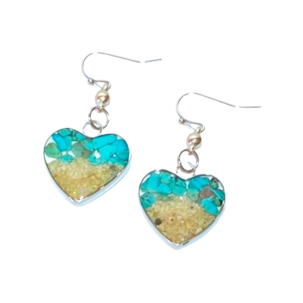 Natural Turquoise Pebble Stones & Sand •. Heart Earrings • Eco Friendly Alloy